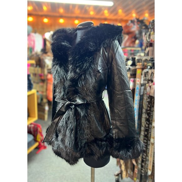 BOUTIQUE Jackets & Blazers - NEW Black Fur Trimmed Jacket Vegan Leather with Belt
